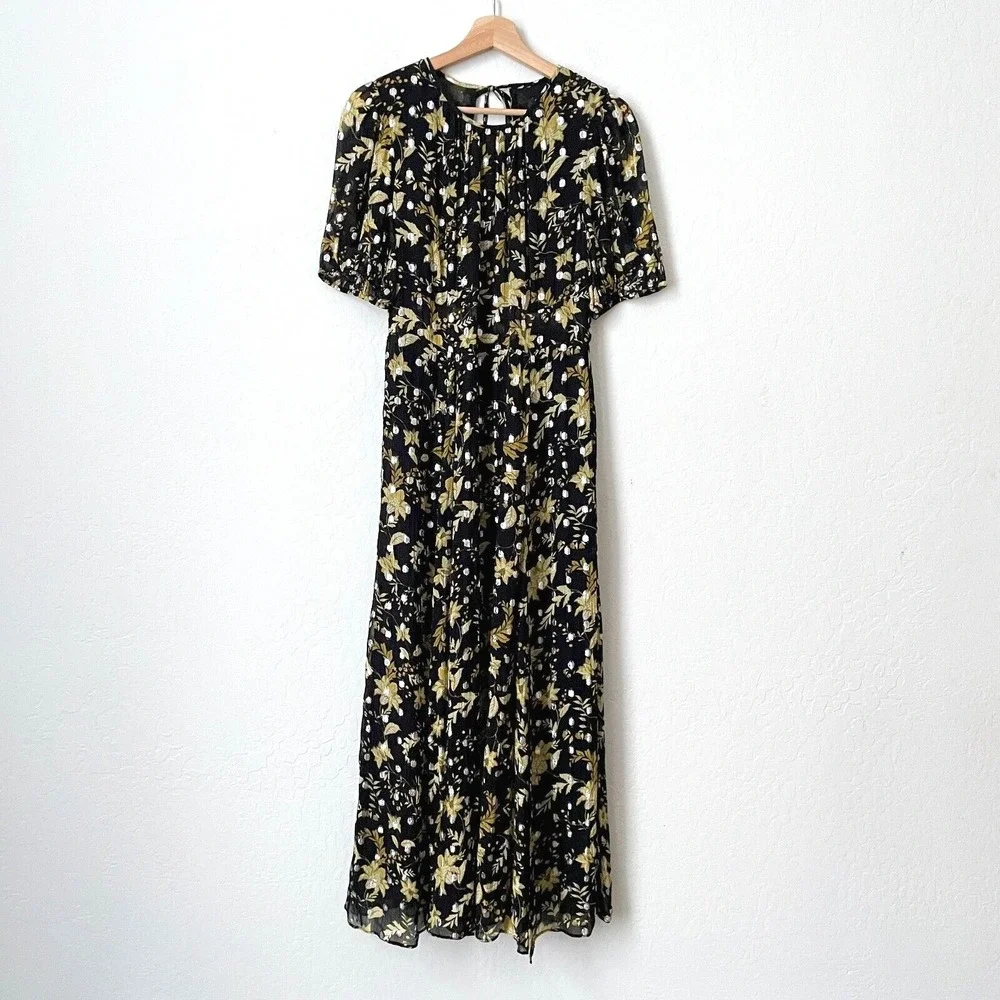 NWT $298 J.Crew Open-Back Metallic Clip-Dot Black Maxi Dress Golden Floral Sz 10
